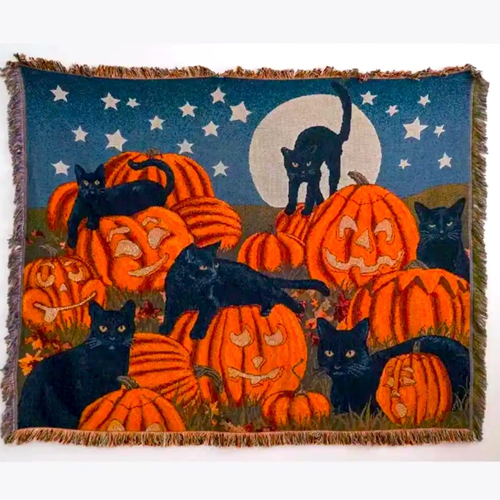 Witchy Black Cat and Pumpkins Wall Tapestry / Bed Blanket / Rug | Halloween